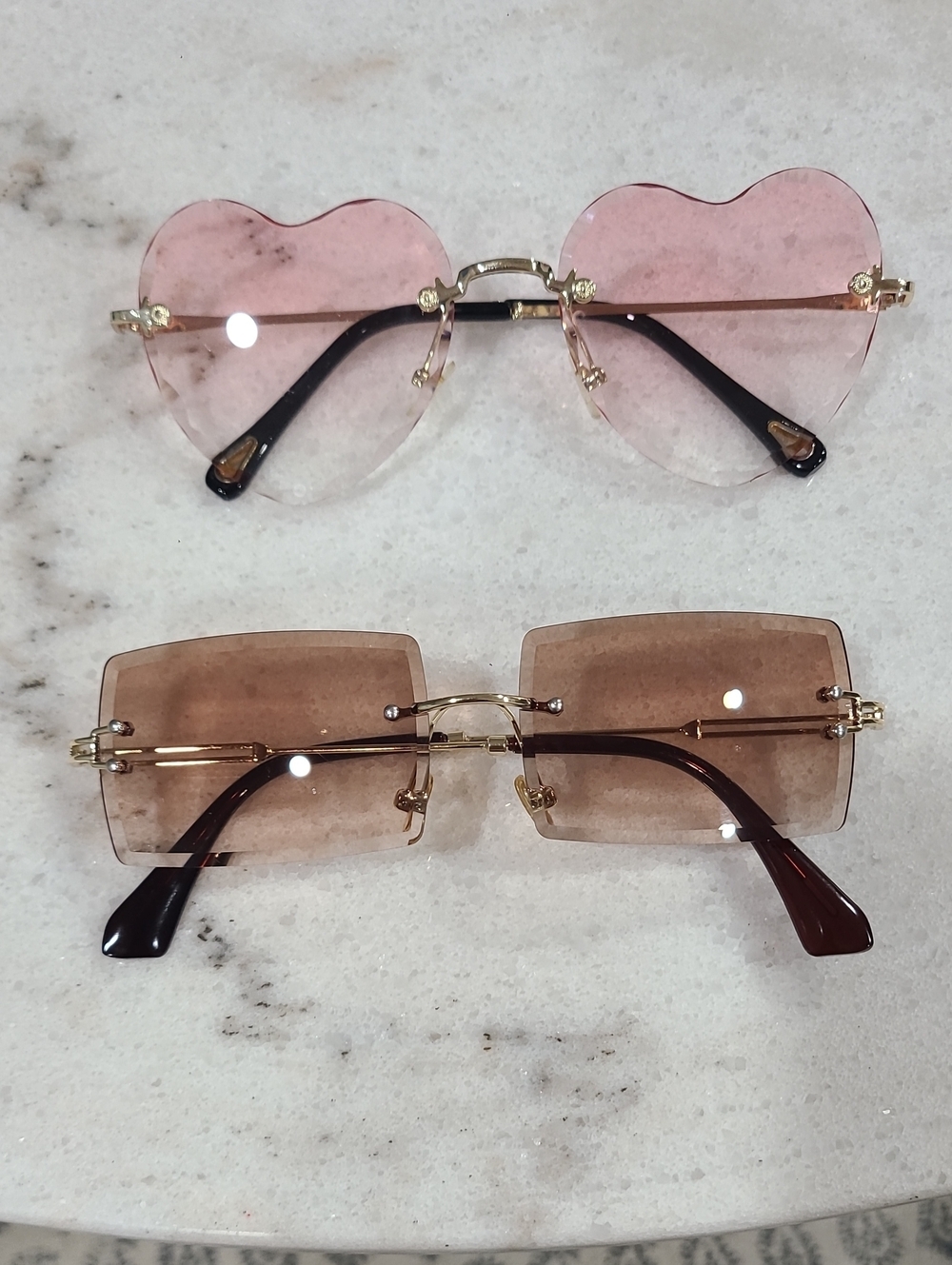 Rimless Heart & Rectangle Sunglasses Set — Pink & Brown